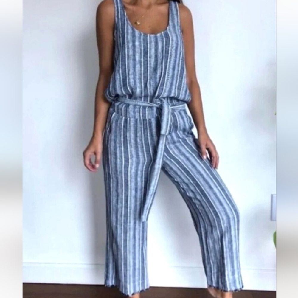 Antrhopologie Cloth & Stone Blue Stripe Linen Blend Jumpsuit Sz M